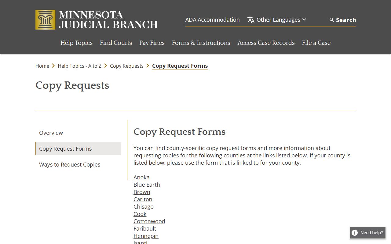 Hennepin County Court Administrator copy request forms