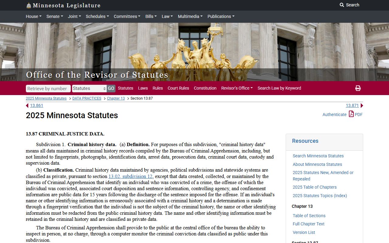 Hennepin County arrest records Minnesota Statutes 13 87 criminal history data