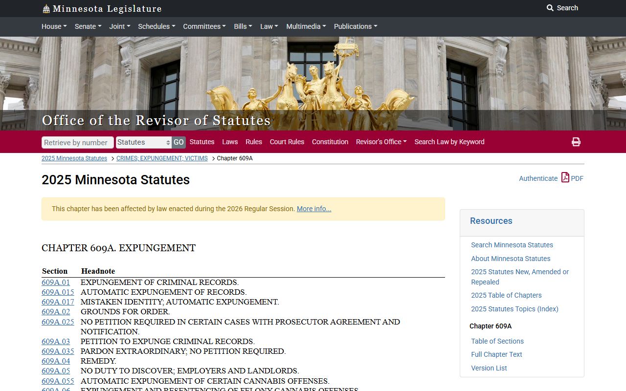 Hennepin County arrest records Minnesota expungement statute 609A