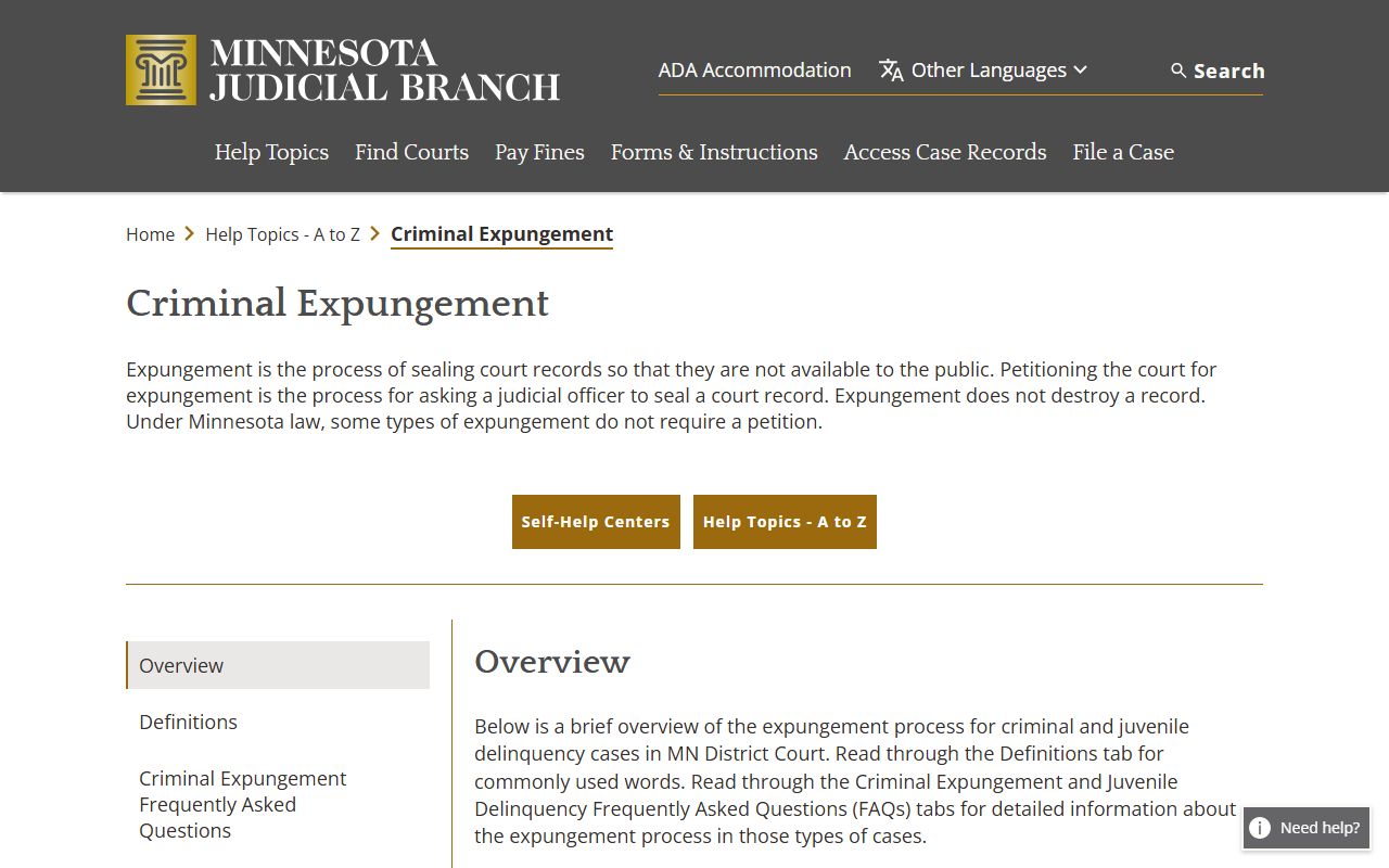 Hennepin County arrest records Minnesota expungement self help page