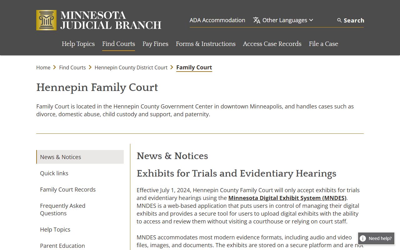 Hennepin County District Court Family Court page