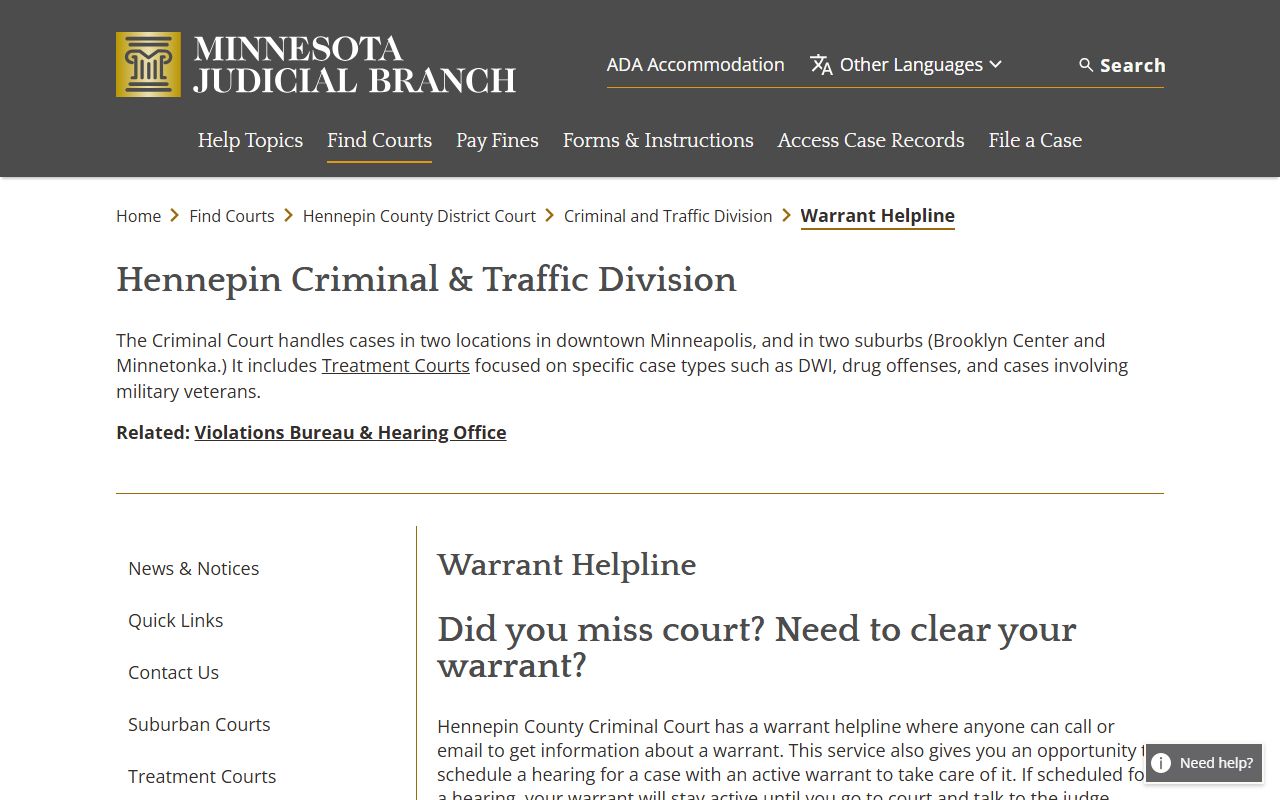 Hennepin County District Court warrant helpline