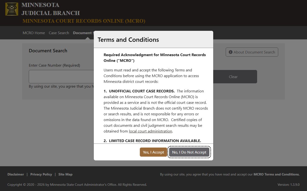 Hennepin County court records MCRO Document Search screen