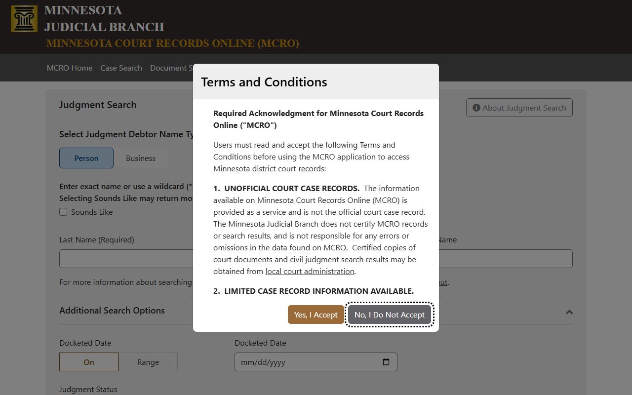 Hennepin County court records MCRO Judgment Search screen