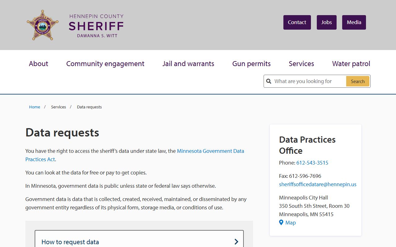 Hennepin County inmate population Sheriff data requests page