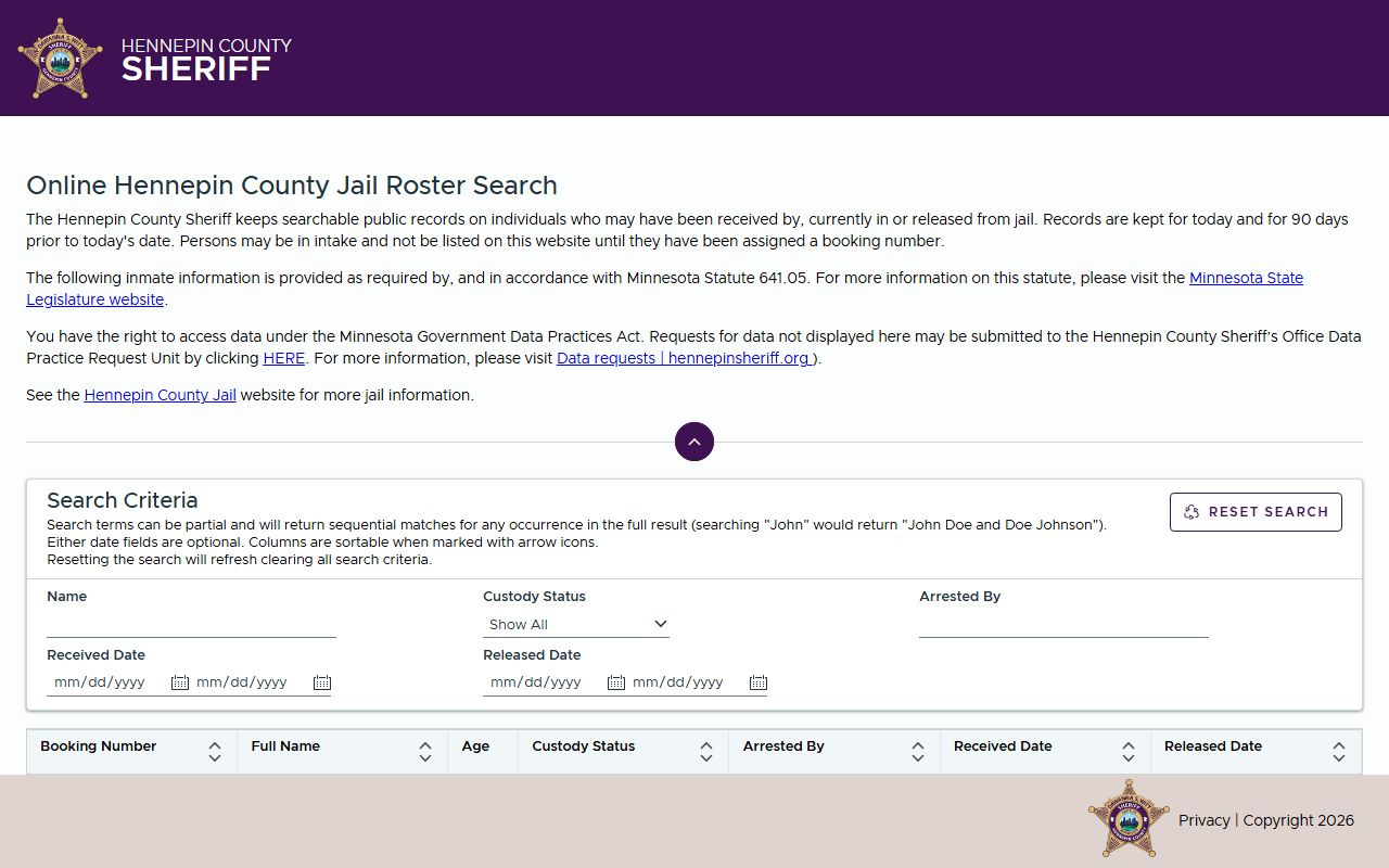 Hennepin County inmate search official jail roster application