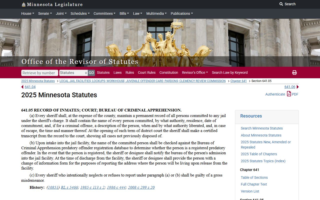 Hennepin County released inmates Minnesota jail register statute 641 05