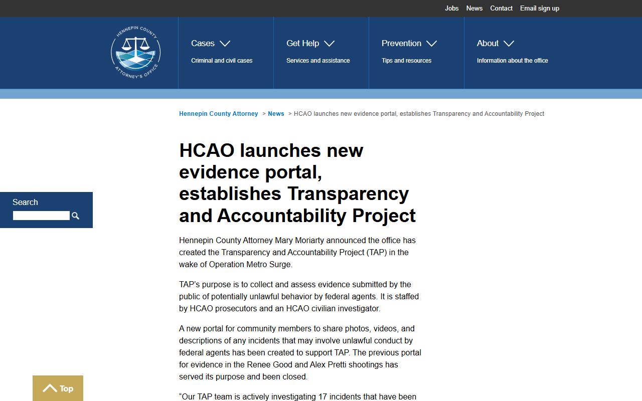 Hennepin County warrant records HCAO TAP portal announcement